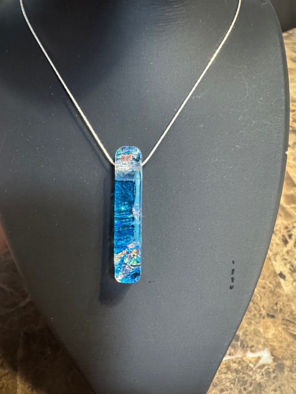 Handmade Blue Dichroic Glass Bar Pendant Necklace